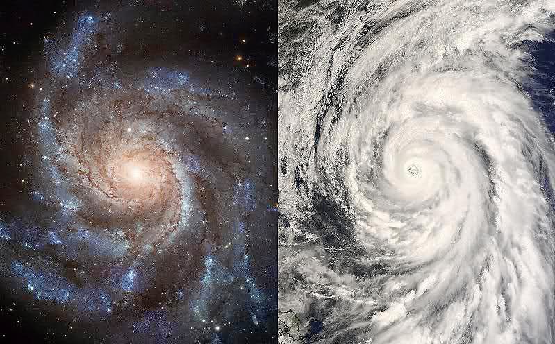 Semelhança incrível entre o formato de uma galáxia e um ciclone terrestre, demostrando um padrão comum.