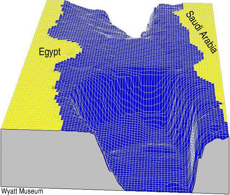 Verificando as medidas de profundidade em um sonar, Ron Wyatt descobriu uma ponte de terra sub-aquática exatamente entre a praia de Nuweiba e o lado saudita.