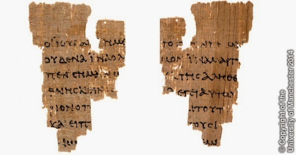 P-52' Papyrus Ryl. Gr. 457, i J. Rylands Library, conhecido como o "fragmento de São João" contém os textos dos versículos 18:31–33, 37–38 do Evangelho de João (frente e verso). Imagem fonte: The University of Manchester - Rylands Papyri Collection 