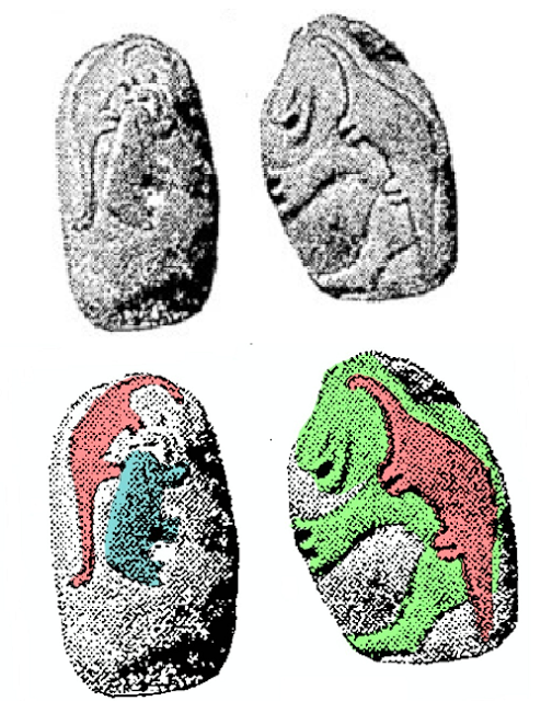 Imagem 05: Representação aproximada de dois dinossauros (provavelmente Saurópodes), um mastodonte e um rosto sorridente, desenhados na parte traseira da Pedra de Granby.