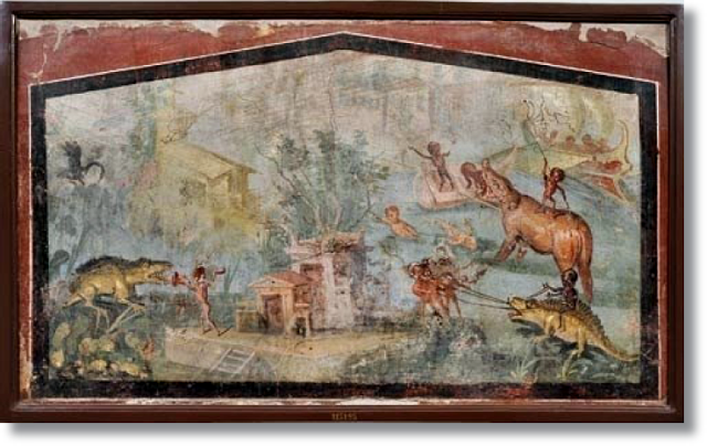 Imagem 06: Pigmeus são retratados interagindo com alguns mamíferos aquáticos e dois répteis enormes no Afresco de de Pompeia - 70 a.C 