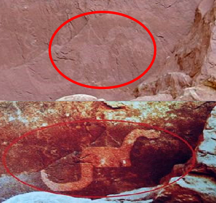 Imagem 04: Representação aproximada de um Diplodoco (supostamente extinto há 175 milhões de anos) desenhado por índios americanos nativos na formação rochosa Kachina Bridge. A segunda parte da imagem teve o contraste melhorado para melhor identificação.