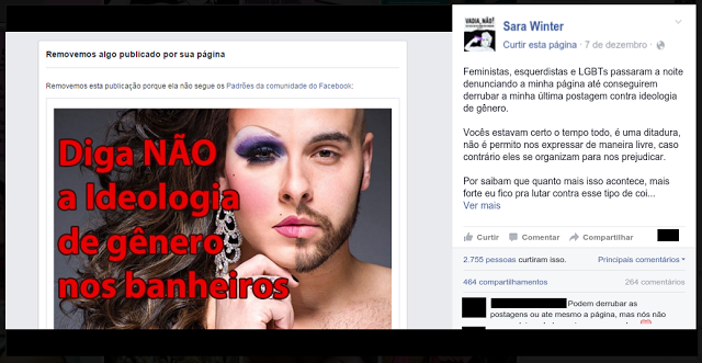 Postagem da página de Sara no Facebook, agora lutando contra uma das coisas que antes defendia.