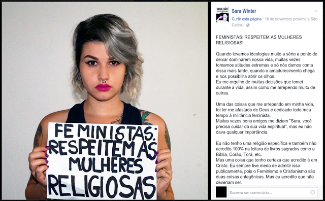 Postagem da página de Sara no Facebook, antes desrespeitosa e anti-religião, agora pede respeito às mulheres religiosas. 