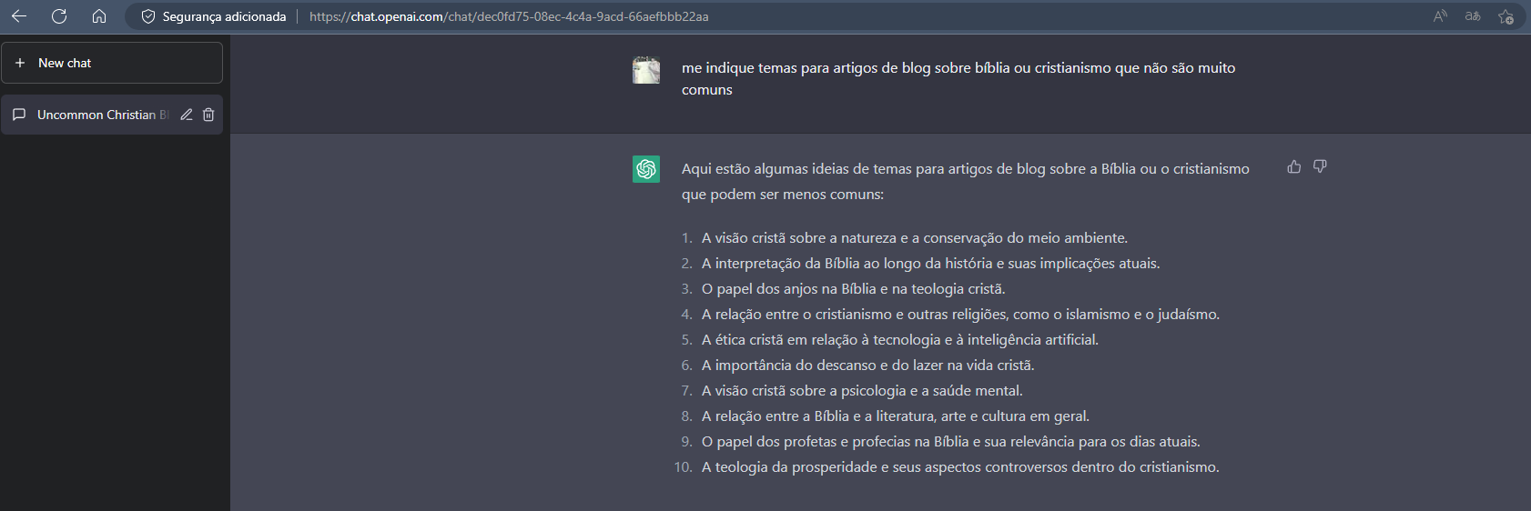 Imagem 01 – Primeiro, foi feita uma solicitação de temas para artigos sobre Bíblia ou Cristianismo, com o detalhe de que não poderiam ser temas muito comuns. Isso foi feito propositalmente para testar a ferramenta.